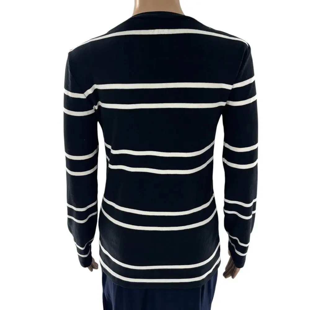 J. Crew Perfect Fit Black Striped Button Shoulder Long Sleeve Top
